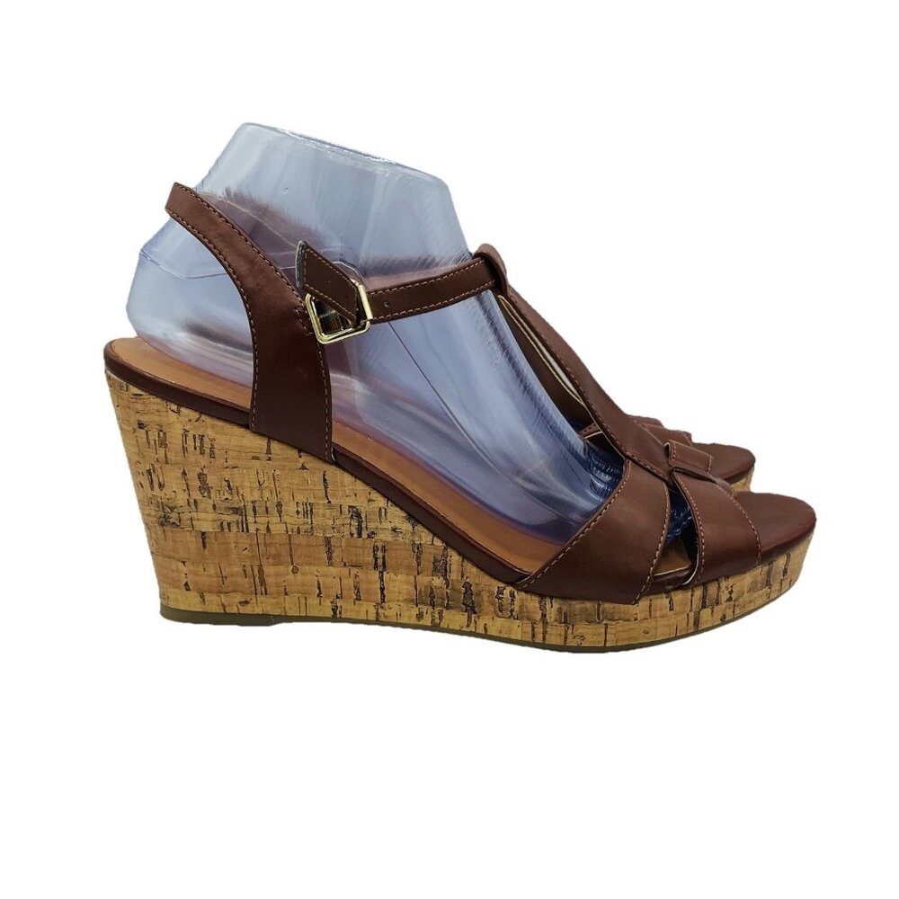 Franco Sarto Shoes Womens Size 10 M Brown Milby Cork Wedge Sandals T-Strap